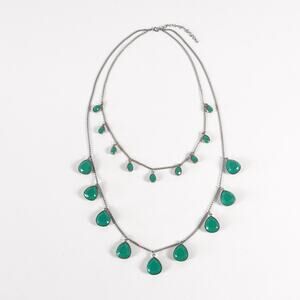 Vintage Silver & Green Stone Beaded Chain Link Necklace Choker Elegant Jewelry